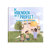 Kinderboek met illustratie van drie jongens voor een moskee over Bilal ibn Rabah